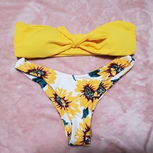 Yellow sunflower print bandeau bikini swim set size medium